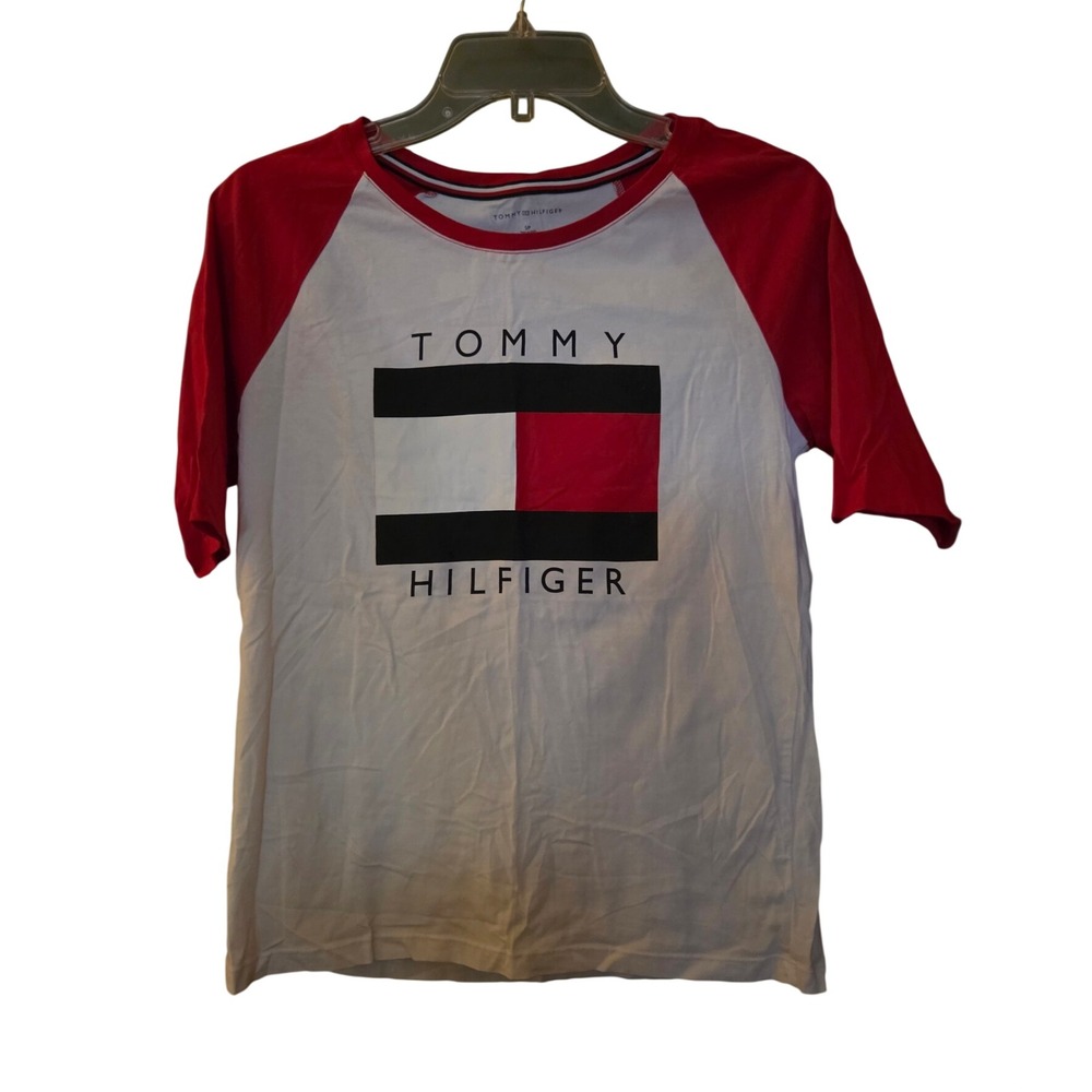 Tommy Hilfiger Womens Flag Logo Raglan Baseball Tee Red White Small